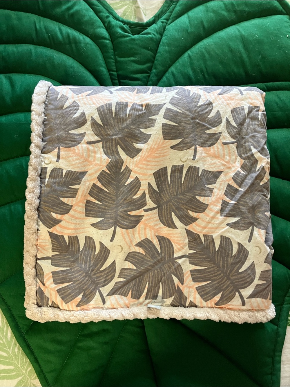 Hapa Maui baby blanket, tropical print. Grey/peach. Fleece back. See measurement